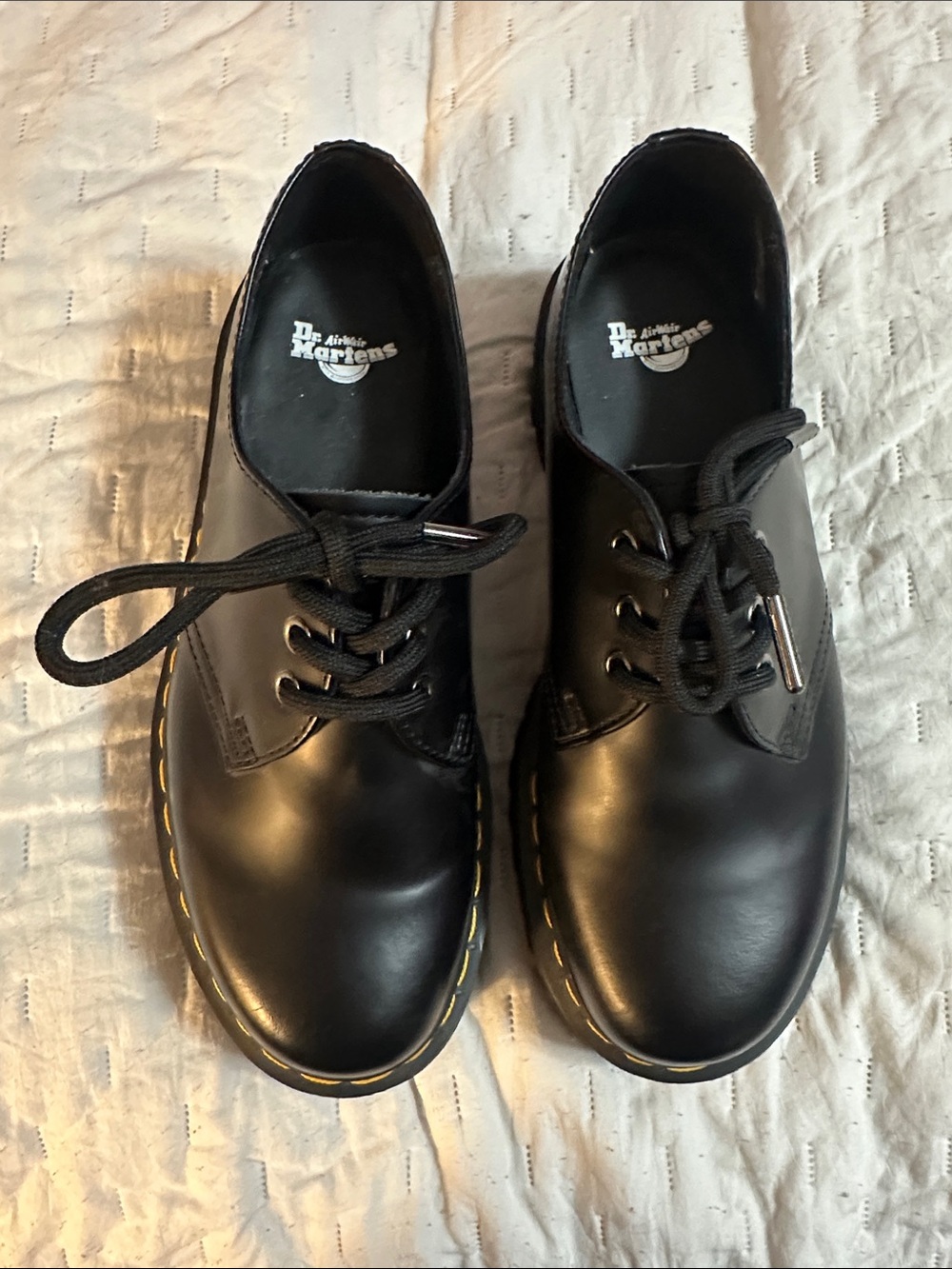 Dr. Martens Platform Black Leather 3-Eye Lace-Up Shoes with Yellow Stitching